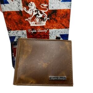 English Laundry RFID Bifold Wallet Men Brown Genuine Leather 2 Flip ID Slots NIB